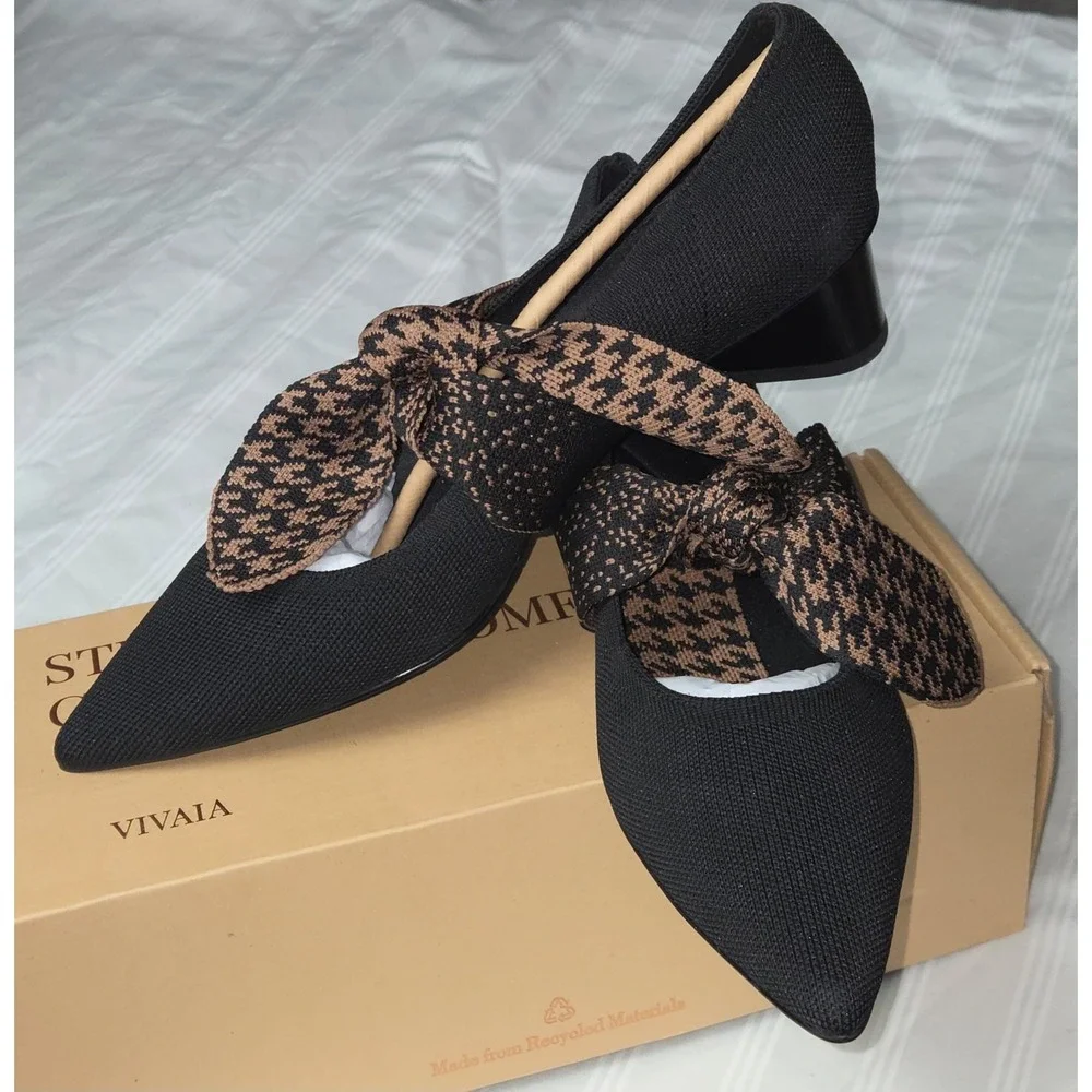 Vivaia Pointed-Toe Block Heel Mary Jane Knit Pumps Houndstooth Bow Size 7.5 EU38